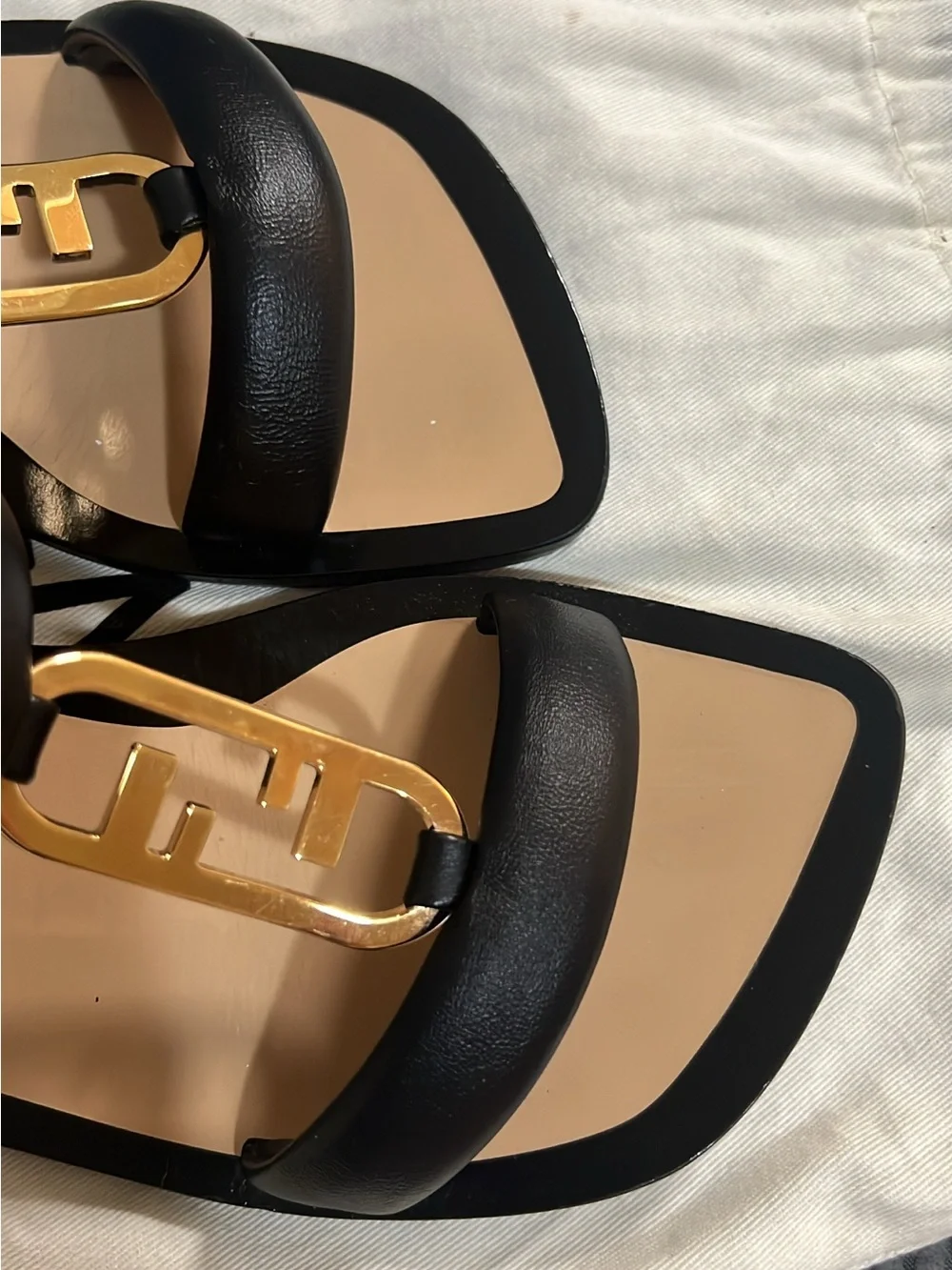 Fendi Black Leather Sandals with Gold Logo Accent